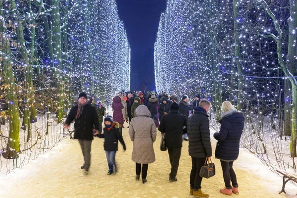 Wunderschöne winterliche Beleuchtung von 500 000 Glühbirnen im Park Oliwski in Danzig, Polen — Stockfoto