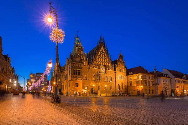 Praça Mercado Com Antiga Câmara Municipal Wroclaw Entardecer Polônia — Fotografia de Stock
