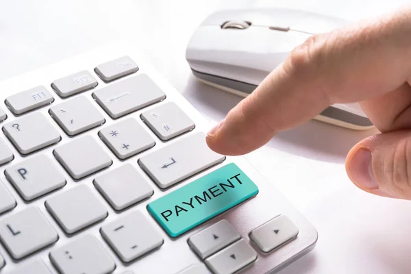 Finger Pressing Computer Button Payment Sign — Stock Photo, Image