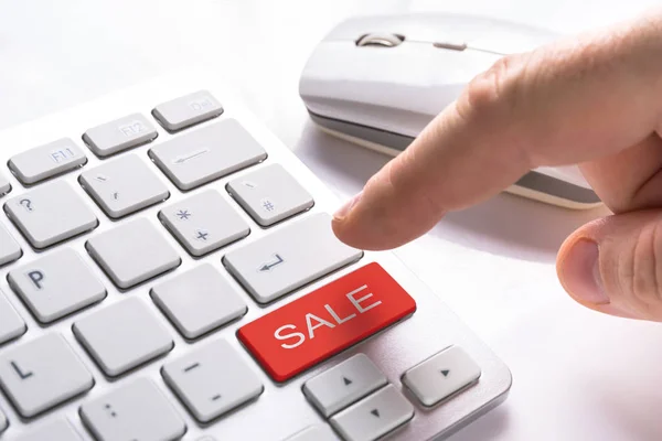 Finger Pressing Computer Button Red Sale Sign — Stock Photo, Image