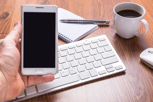 Oficina Moderna Lugar Trabajo Con Una Taza Café —  Fotos de Stock