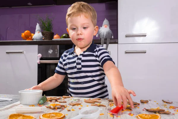 Милий Маленький Хлопчик Прикрашає Різдвяне Печиво Кухні — стокове фото