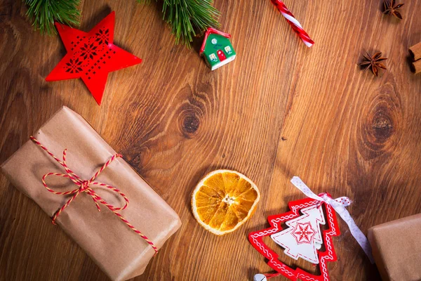 Top View Christmas Spices Decorations Wooden Table — Stock Photo, Image