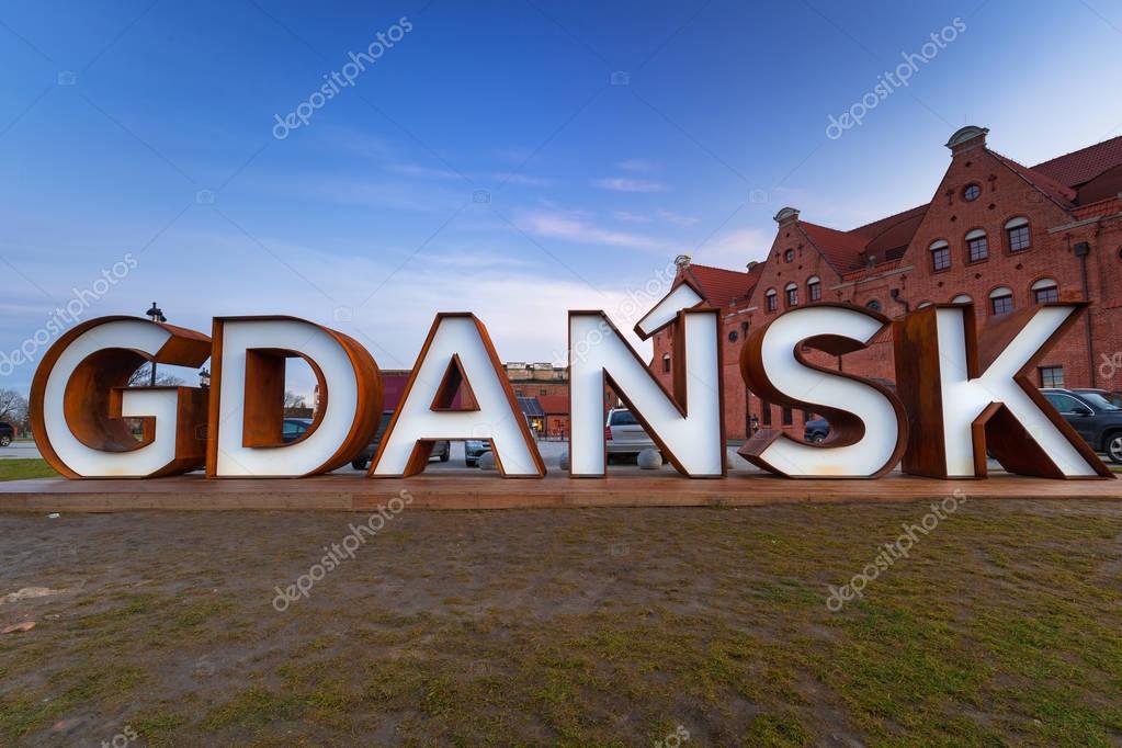Gdansk city outdoor sign at Olowianka island, Poland