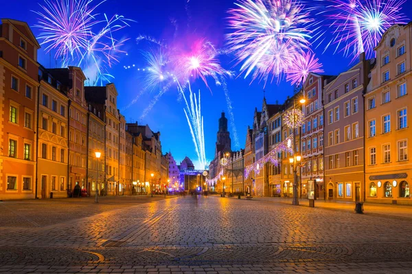 Nieuwe Jaar Vuurwerk Weergeven Wroclaw Polen — Stockfoto