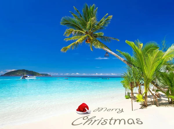 Merry Christmas Met Kerstmuts Van Het Tropisch Strand — Stockfoto