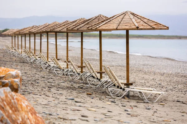 Tropical Parasols Empty Maleme Beach Crete Greece — Stock Photo, Image
