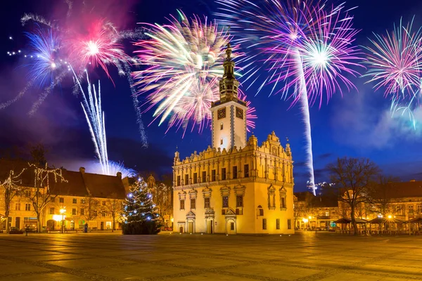 Nieuwe Jaar Vuurwerk Weergeven Het Marktplein Chelmno Polen — Stockfoto