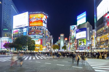 TOKYO, JAPONYA - 12 Kasım 2016: Tokyo 'nun Shibuya ilçesinde yaya geçidi. Shibuya Geçidi dünyadaki en yoğun yaya geçitlerinden biridir..
