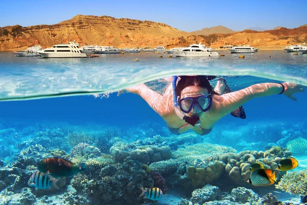 Jonge Vrouw Snorkelen Het Tropische Water — Stockfoto