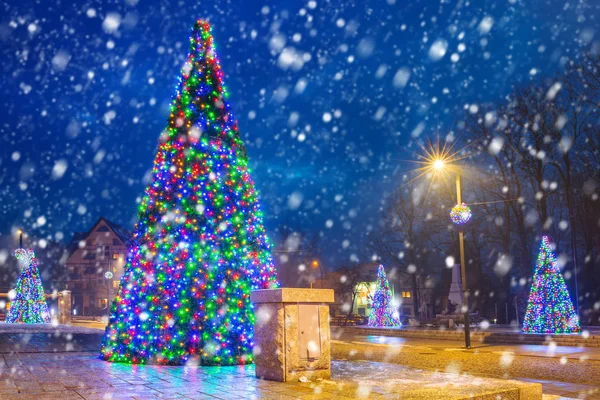 Christmas Tree Cold Winter Night Falling Snow Zakopane Poland — Stock Photo, Image