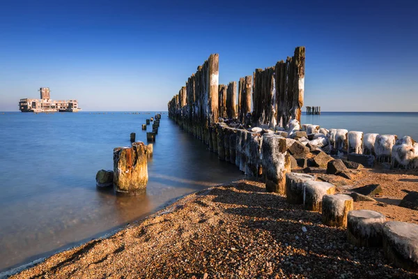 Gefrorene Hölzerne Buhnen Der Ostsee Polen — Stockfoto