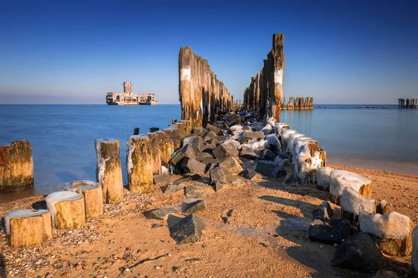 Línea Rompeolas Madera Congelada Mar Báltico Polonia — Foto de Stock