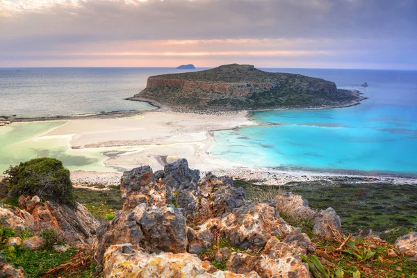 Solnedgång Över Vackra Balos Beach Kreta Grekland — Stockfoto