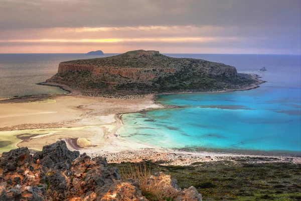 Solnedgång Över Vackra Balos Beach Kreta Grekland — Stockfoto