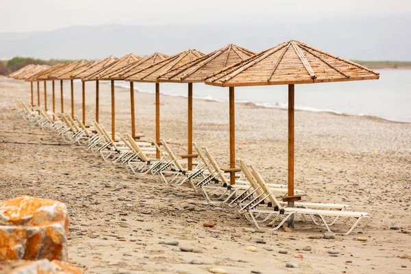 Tropical Parasols Empty Maleme Beach Crete Greece — Stock Photo, Image