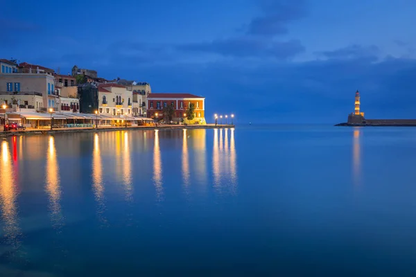 Architektura Miasta Chania Nocą Starego Weneckiego Portu Krecie Grecja — Zdjęcie stockowe