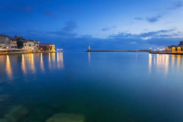 Architektur Von Chania Bei Nacht Mit Altem Venezianischen Hafen Auf — Stockfoto