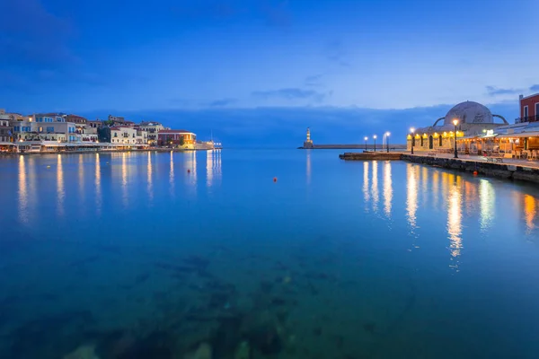 Arkitekturen Chania Natten Med Gamla Venetianska Hamnen Kreta Grekland — Stockfoto