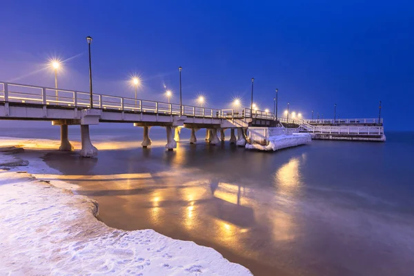 Snowy Night Baltic Sea Pier Gdansk Poland — Stock Photo, Image