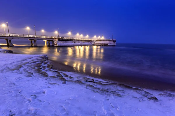 Verschneite Nacht Der Seebrücke Danzig Polen — Stockfoto