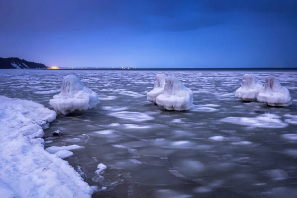 Costa Congelada Mar Báltico Gdynia Entardecer Polónia — Fotografia de Stock