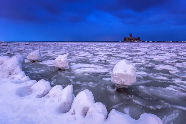 Zugefrorene Ostseeküste Gdingen Der Dämmerung Polen — Stockfoto