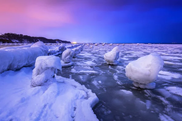 Costa Congelada Mar Báltico Gdynia Entardecer Polónia — Fotografia de Stock