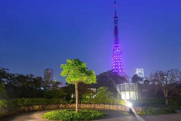 Torre iluminada de Tóquio no parque à noite, Japão — Fotografia de Stock