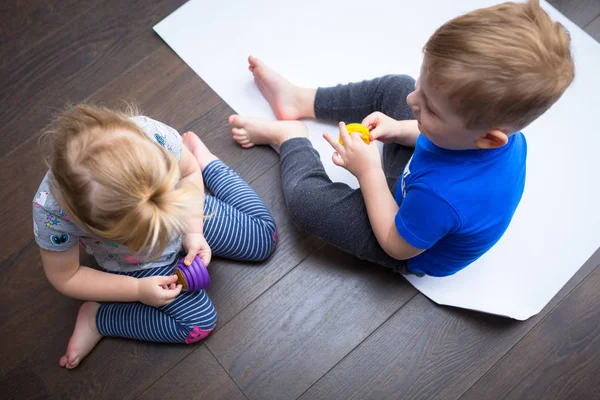 Brother Sister Twins Learn How Paint Hands — Stock Photo, Image