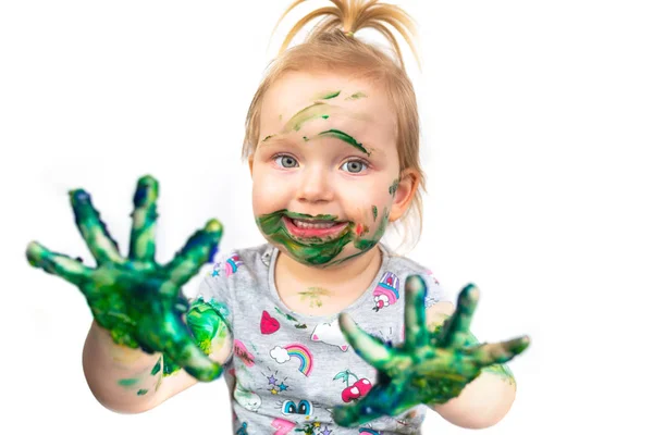 Bambina Con Una Vernice Colorata Sulle Mani — Foto Stock
