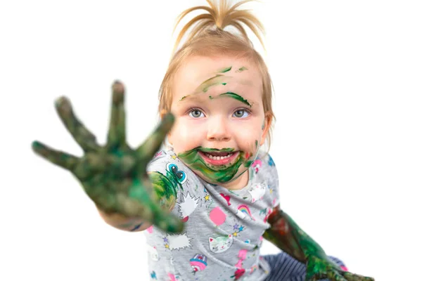 Bambina Con Una Vernice Colorata Sulle Mani — Foto Stock