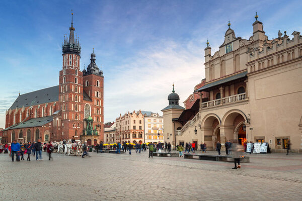 Krakow, Poland - November 12, 2017: Architecture of The Krakow Cloth Hall at dusk, Poland. Krakow is the second largest and one of the oldest cities in Poland.