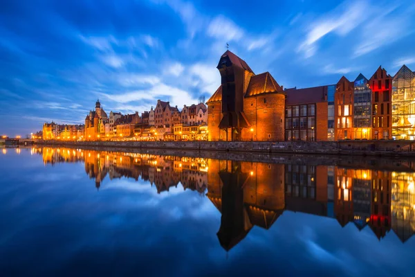 Historic Port Crane Gdansk Reflected Motlawa River Dusk Poland — Stock Photo, Image