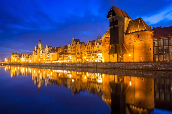 Historic Port Crane Gdansk Reflected Motlawa River Dusk Poland — Stock Photo, Image