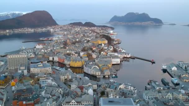 Hermosa Ciudad Alesund Noruega Amanecer — Vídeo de stock