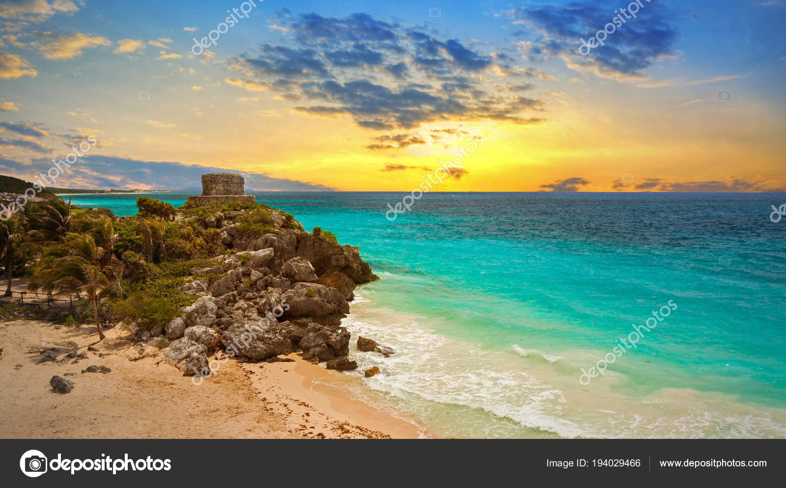 Plage Des Caraïbes Vers Falaise Tulum Coucher Soleil Mexique