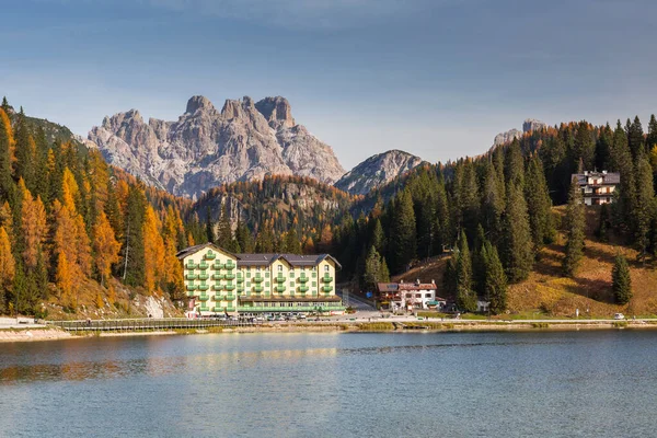 Dolomites Mountains Reflected Lago Misurina Lake Autumn South Tyrol Italy — Stock Photo, Image