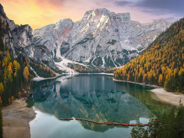 Lago di Braies lake and Seekofel peak at sunrise, Dolomites. Italy