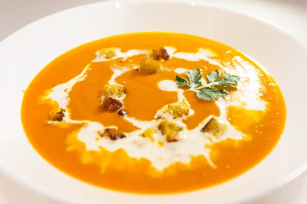 Pumpkin Carrot Soup Cream Toasts Parsley — Stock Photo, Image