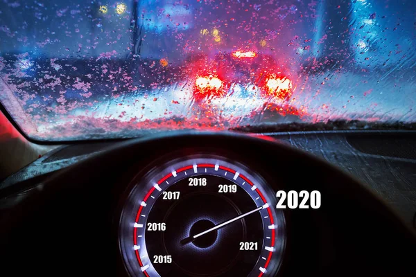 Going New Year 2020 Car Snowy Night — стокове фото