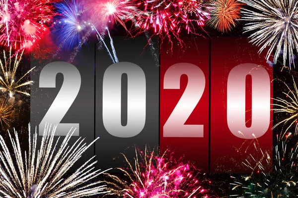 Numéro 2020 Sur Comptoir Avec Feux Artifice Bonne Année Concept — Photo