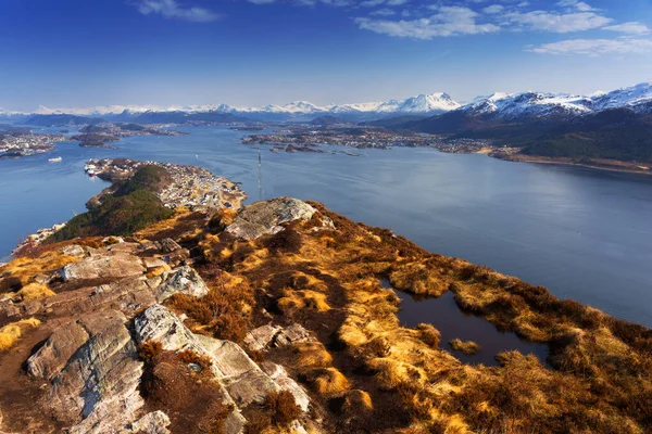 Hermoso Paisaje Costa Oeste Noruega Desde Colina Sukkertoppen Sugar Loaf —  Fotos de Stock