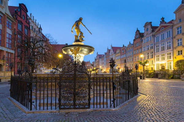 Bela Arquitetura Cidade Velha Gdansk Com Fonte Netuno Amanhecer Polônia — Fotografia de Stock