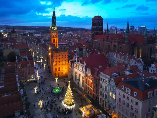 Aerial View Old Town Gdansk Beautiful Christmas Tree Dusk Poland — Stock Photo, Image