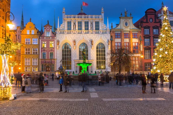 Lange Gasse Danzig Mit Wunderschönem Weihnachtsbaum Der Dämmerung Polen — Stockfoto