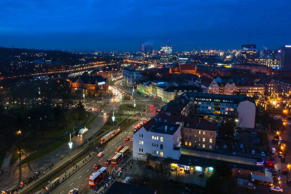 Luftfoto Den Gamle Bydel Gdansk Med Smuk Arkitektur Skumringen Polen - Stock-foto