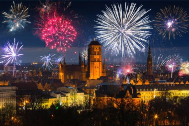 Beautiful cityscape of Gdansk with St. Mary Basilica and City Ha