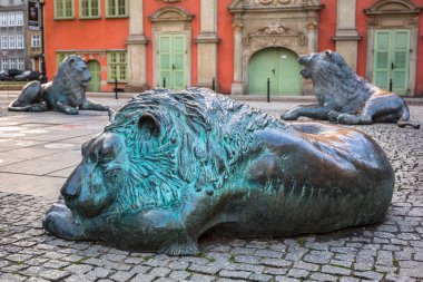 Gdansk, Polonya - 15 Aralık 2019: Eski Gdansk kasabasındaki bronz aslan heykelleri, Polonya