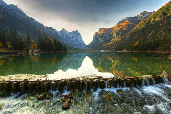 Dolomites Mountains Reflection Lago Dobbiaca Lake Autumn Italy — Stock Photo, Image